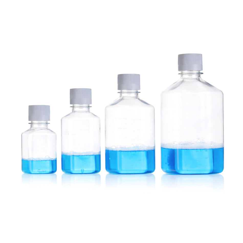 Sterile PET and PETG square media storage bottles in multiple sizes for laboratory media storage and sample containment.